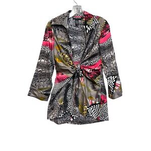 Mishca Womens Mixed Animal Geometric Print Front Knot Cotton Blouse Grey Pink S